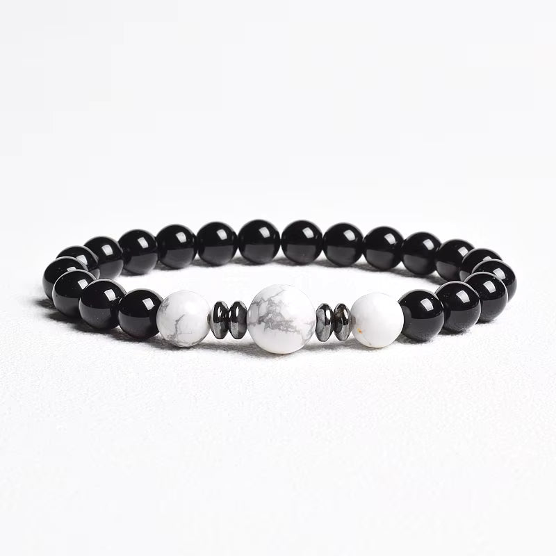 Beaded Bracelet Handmade Natural Black Agate Tiger Eye Elastic Unisex