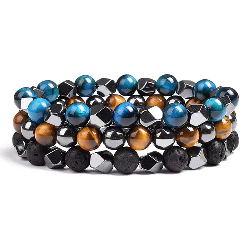 Beaded Bracelet Hematite and Tiger Eye Elastic Adjustable Couple Set
