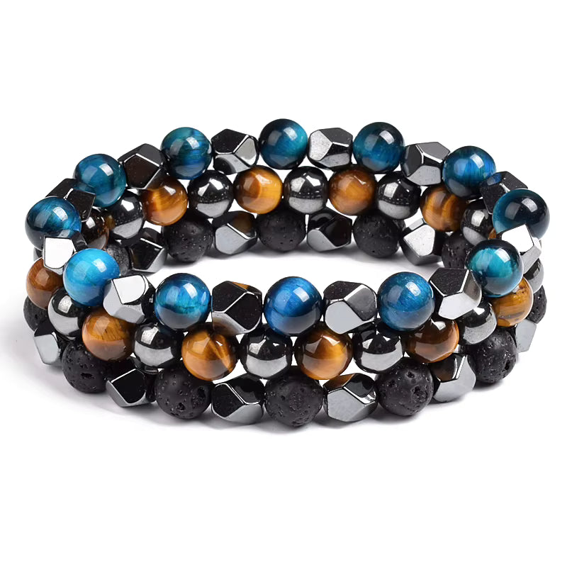 Beaded Bracelet Hematite and Tiger Eye Elastic Adjustable Couple Set