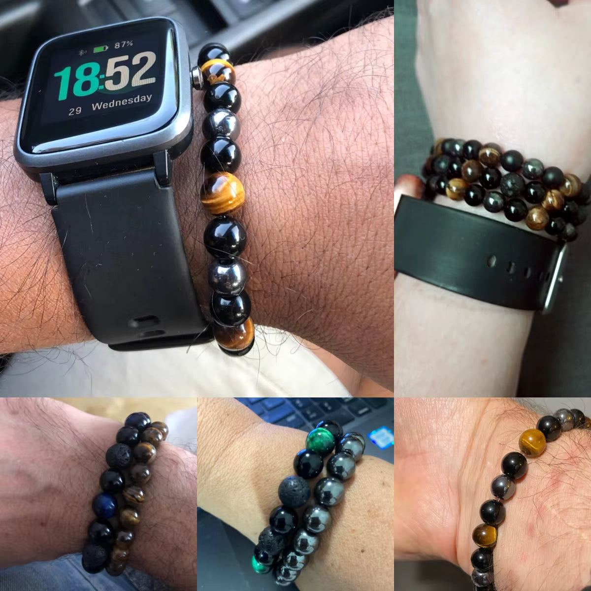 Beaded Bracelet Magnetic Black Obsidian Hematite Tiger Eye Unisex