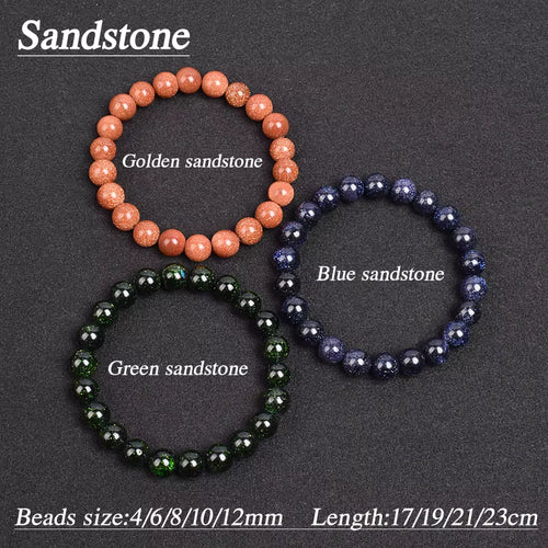 Beaded Bracelet Natural Blue Sandstone Round Beads 4 to 12 mm Blue Green Gold