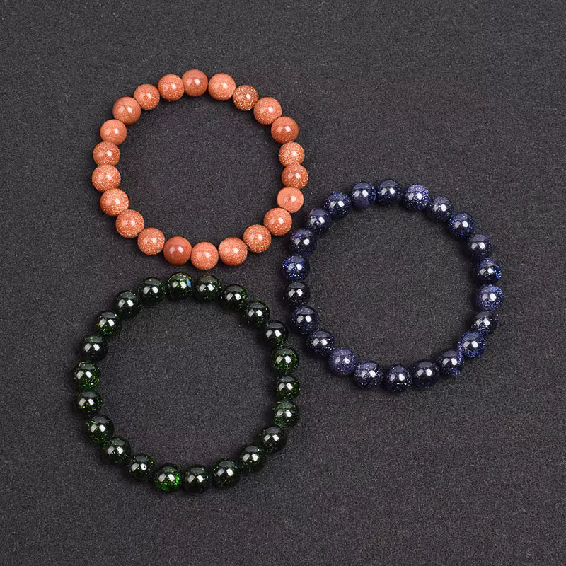 Beaded Bracelet Natural Blue Sandstone Round Beads 4 to 12 mm Blue Green Gold