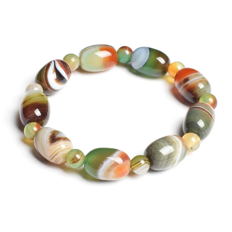 Beaded Bracelet Natural Stone Green Agate Drum Barrel Shape for Women