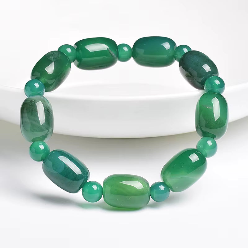 Beaded Bracelet Natural Stone Green Agate Drum Barrel Shape for Women