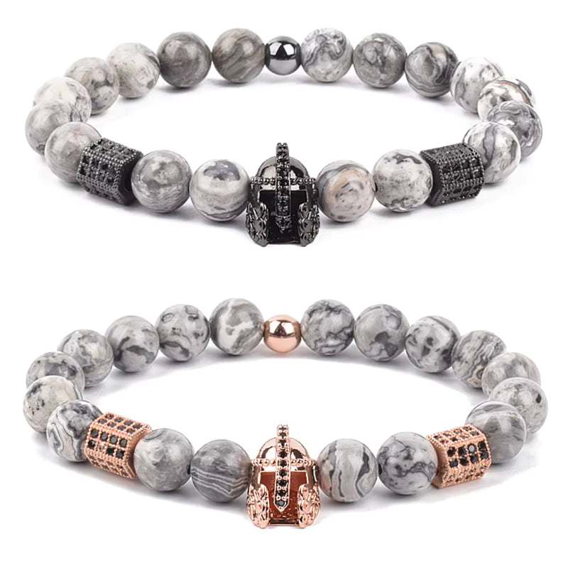 Beaded Bracelet Picasso Stone 8mm Elastic with Spartan Helmet Charm