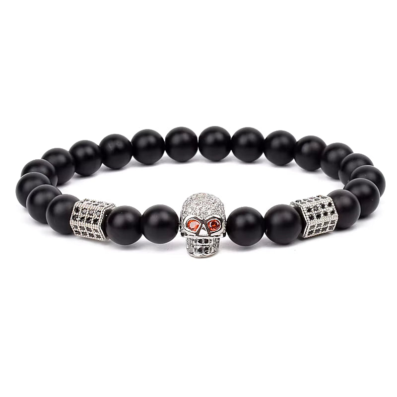 Beaded Bracelet Picasso Stone 8mm Elastic with Spartan Helmet Charm