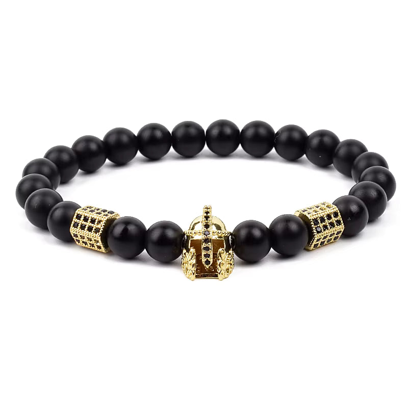 Beaded Bracelet Picasso Stone 8mm Elastic with Spartan Helmet Charm