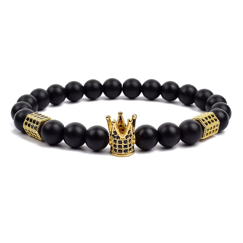 Beaded Bracelet Picasso Stone 8mm Elastic with Spartan Helmet Charm
