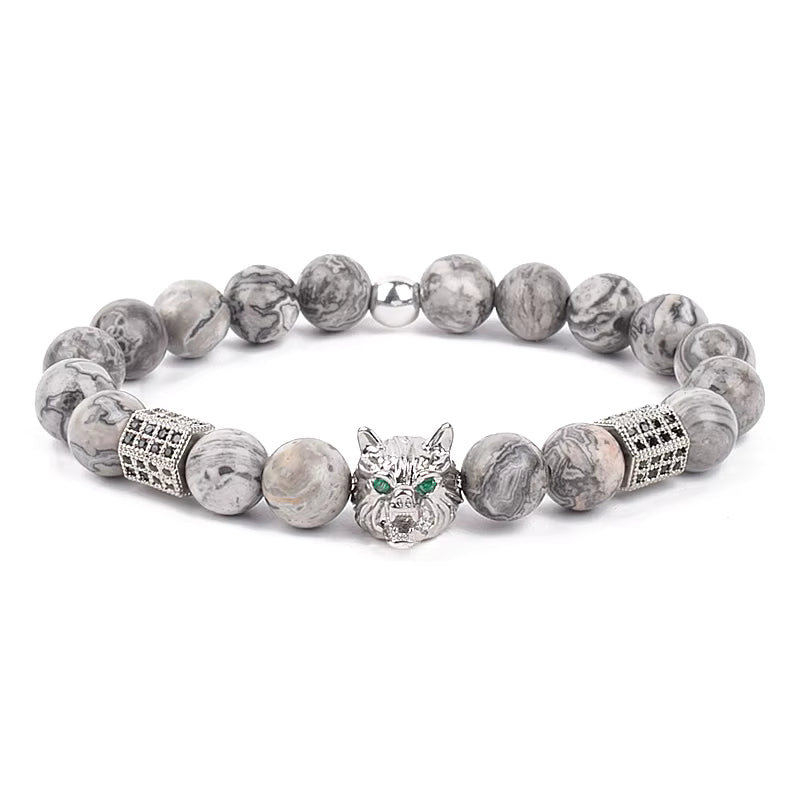 Beaded Bracelet Picasso Stone 8mm Elastic with Spartan Helmet Charm