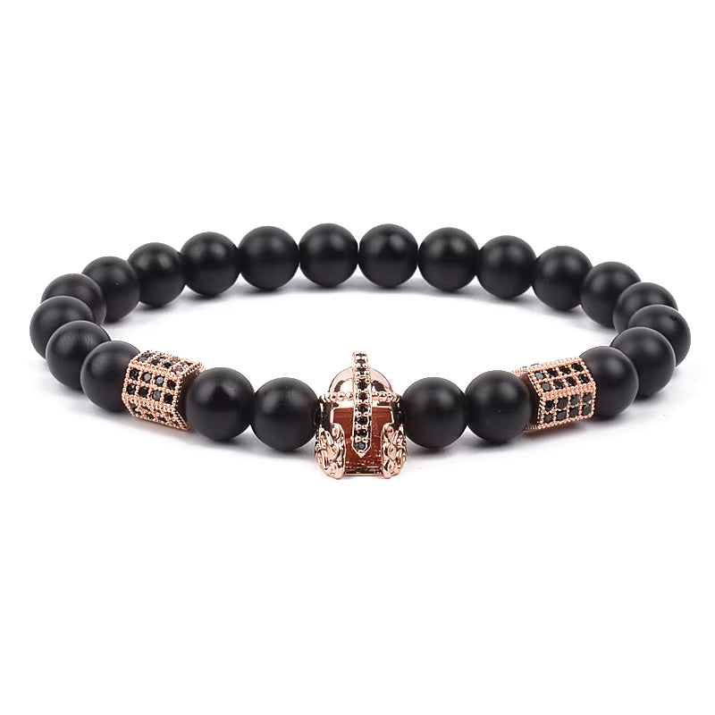 Beaded Bracelet Picasso Stone 8mm Elastic with Spartan Helmet Charm