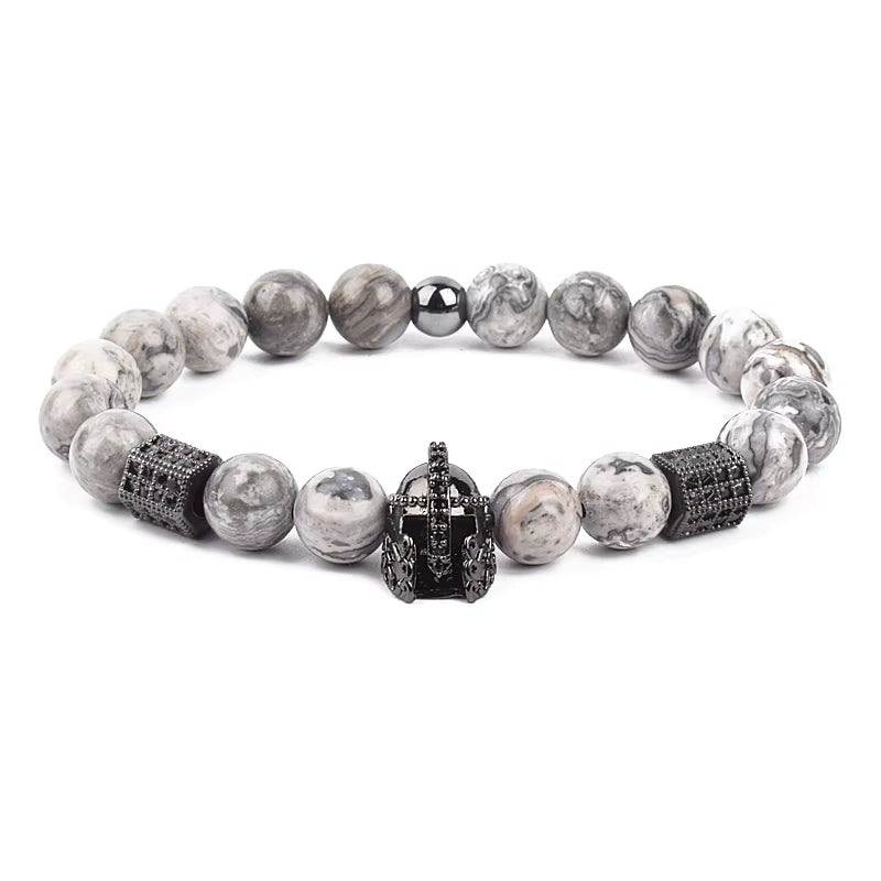 Beaded Bracelet Picasso Stone 8mm Elastic with Spartan Helmet Charm