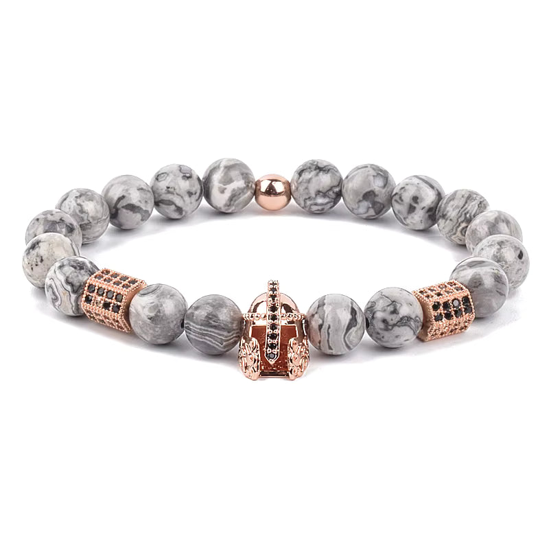 Beaded Bracelet Picasso Stone 8mm Elastic with Spartan Helmet Charm