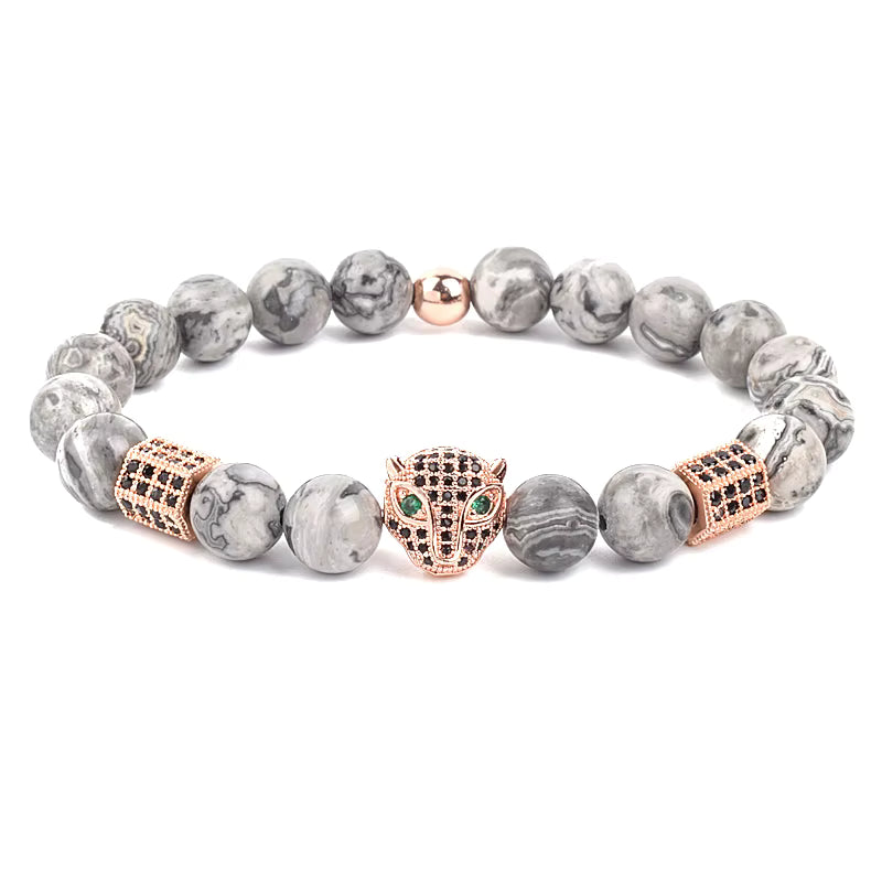 Beaded Bracelet Picasso Stone 8mm Elastic with Spartan Helmet Charm