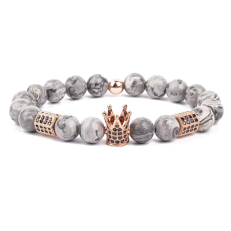 Beaded Bracelet Picasso Stone 8mm Elastic with Spartan Helmet Charm