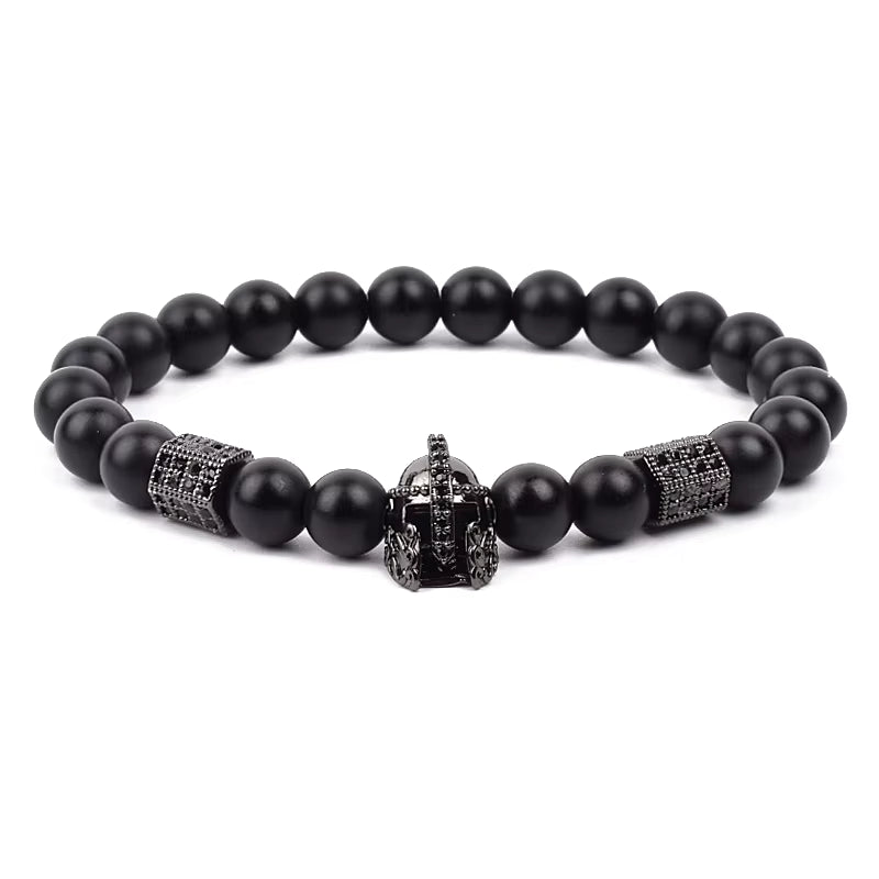 Beaded Bracelet Picasso Stone 8mm Elastic with Spartan Helmet Charm