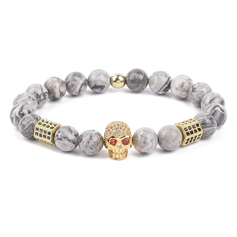 Beaded Bracelet Picasso Stone 8mm Elastic with Spartan Helmet Charm