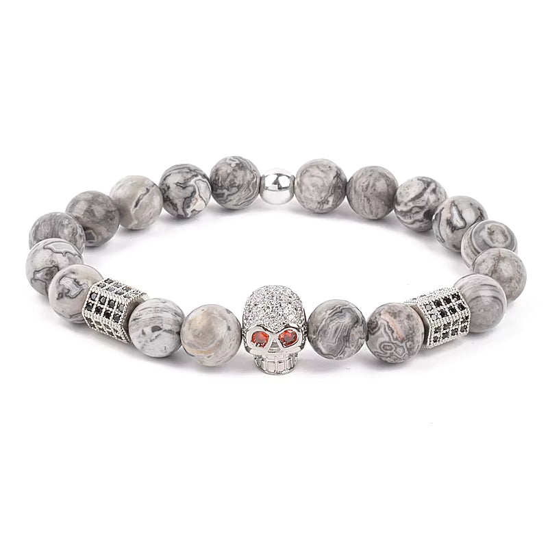 Beaded Bracelet Picasso Stone 8mm Elastic with Spartan Helmet Charm