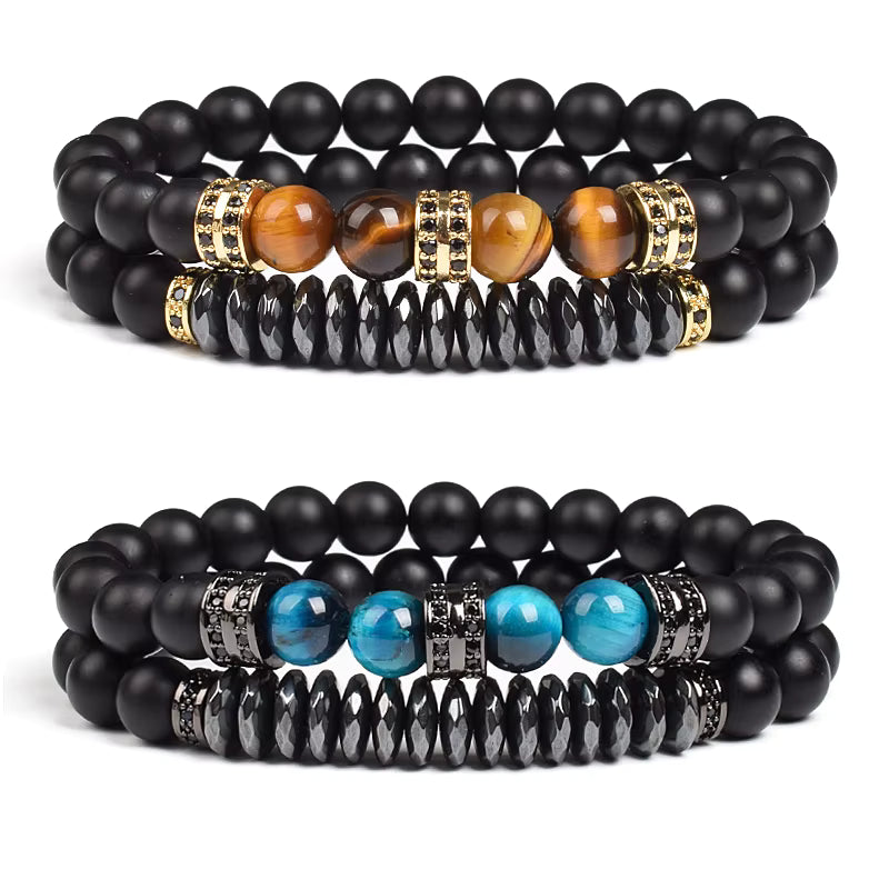 Beaded Bracelet Set Tiger Eye and Black Matte Agate Stretch for Men