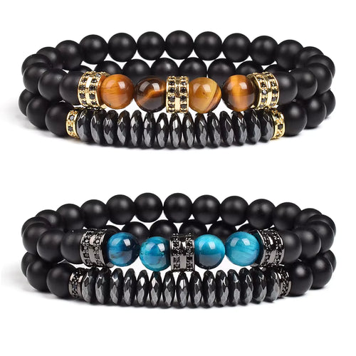 Beaded Bracelet Set Tiger Eye and Black Matte Agate Stretch for Men