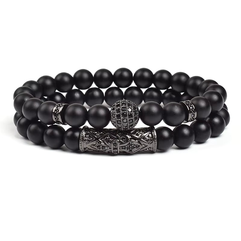 Beaded Bracelet Set Tiger Eye and Black Matte Agate Stretch for Men