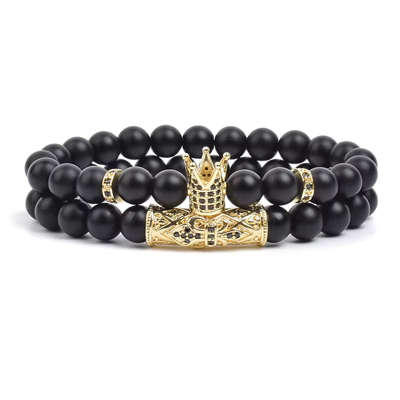 Beaded Bracelet Set Tiger Eye and Black Matte Agate Stretch for Men