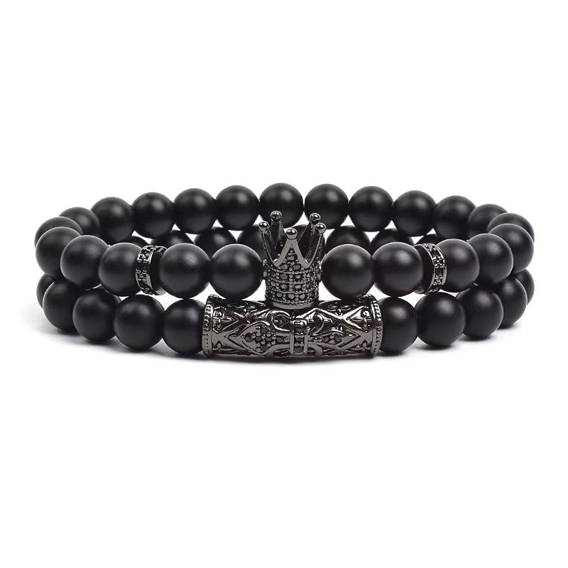 Beaded Bracelet Set Tiger Eye and Black Matte Agate Stretch for Men