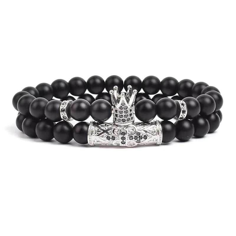 Beaded Bracelet Set Tiger Eye and Black Matte Agate Stretch for Men