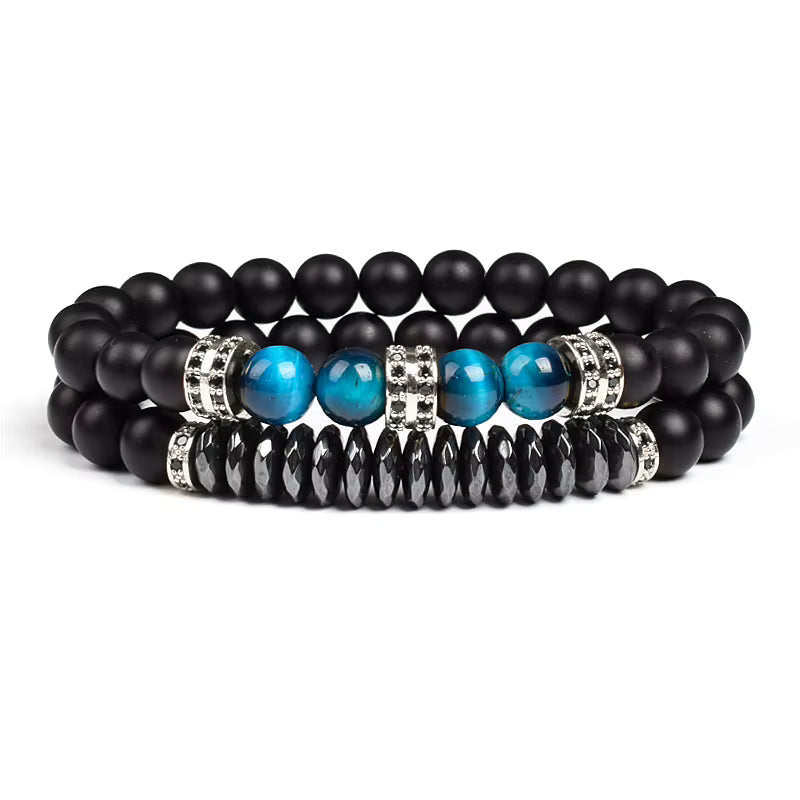 Beaded Bracelet Set Tiger Eye and Black Matte Agate Stretch for Men