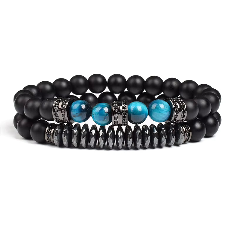 Beaded Bracelet Set Tiger Eye and Black Matte Agate Stretch for Men