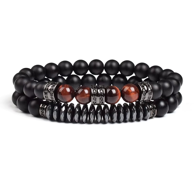 Beaded Bracelet Set Tiger Eye and Black Matte Agate Stretch for Men