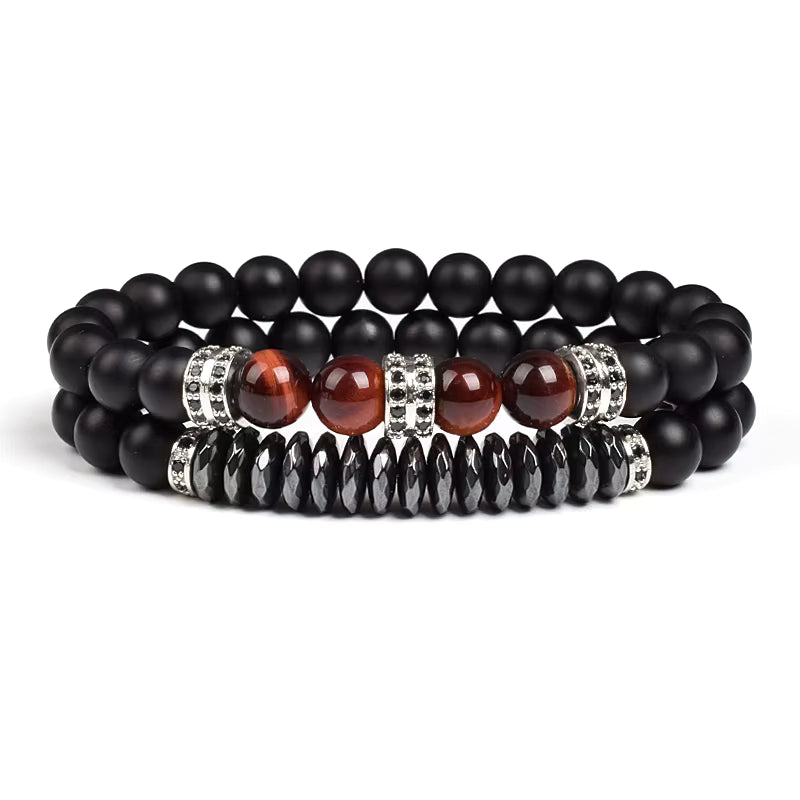 Beaded Bracelet Set Tiger Eye and Black Matte Agate Stretch for Men
