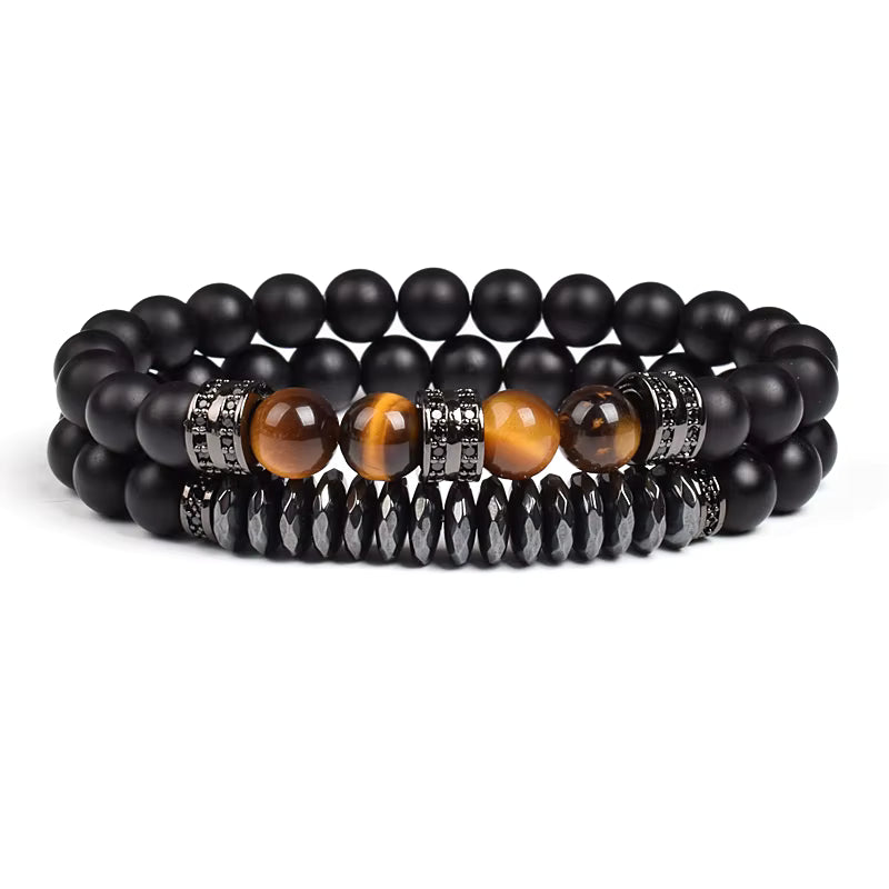 Beaded Bracelet Set Tiger Eye and Black Matte Agate Stretch for Men