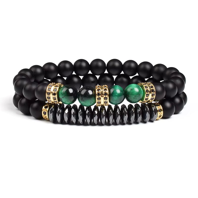 Beaded Bracelet Set Tiger Eye and Black Matte Agate Stretch for Men