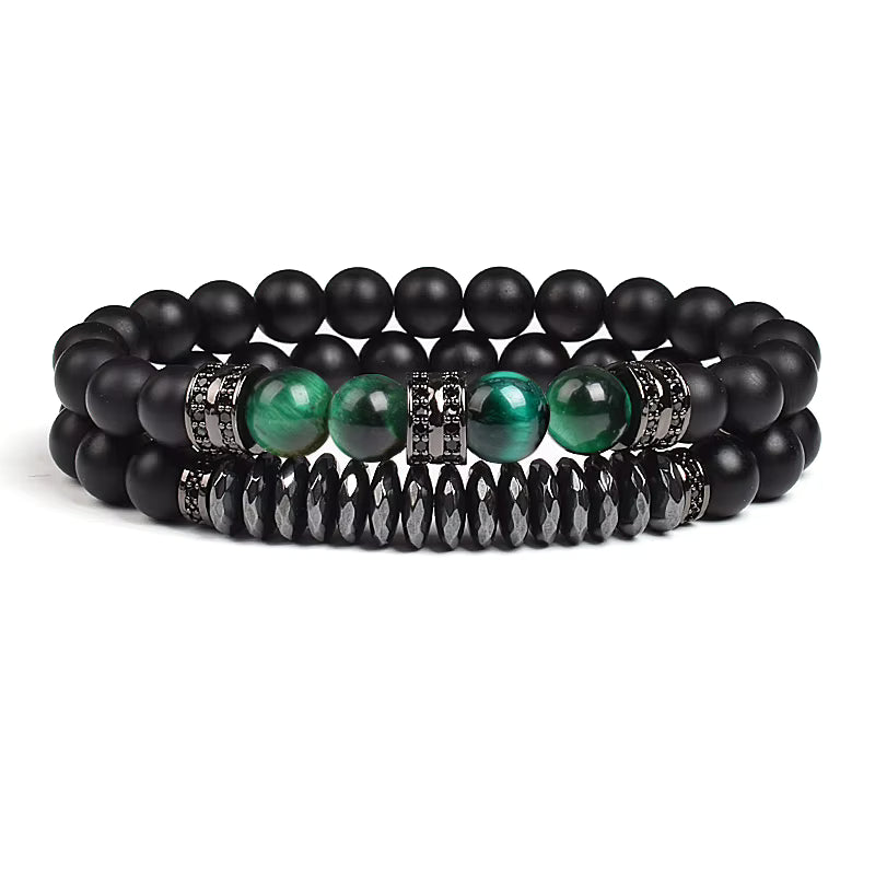 Beaded Bracelet Set Tiger Eye and Black Matte Agate Stretch for Men