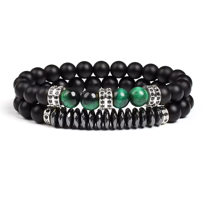 Beaded Bracelet Set Tiger Eye and Black Matte Agate Stretch for Men