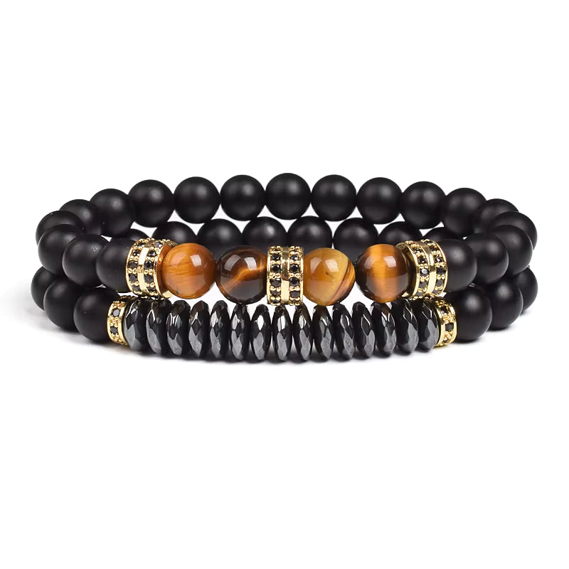 Beaded Bracelet Set Tiger Eye and Black Matte Agate Stretch for Men