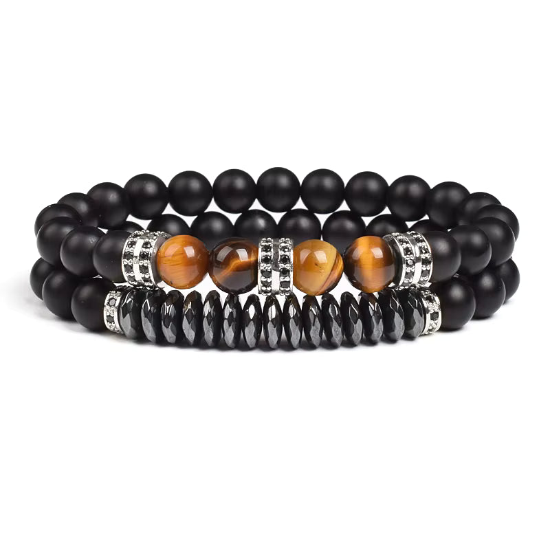 Beaded Bracelet Set Tiger Eye and Black Matte Agate Stretch for Men