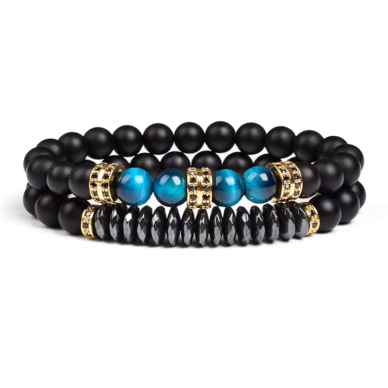 Beaded Bracelet Set Tiger Eye and Black Matte Agate Stretch for Men