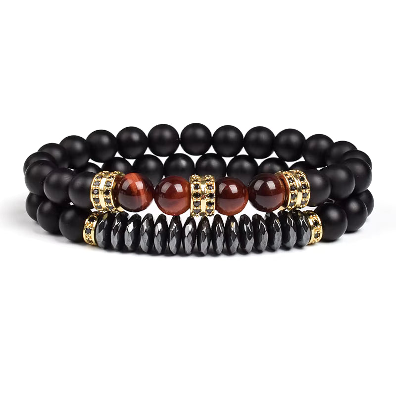 Beaded Bracelet Set Tiger Eye and Black Matte Agate Stretch for Men
