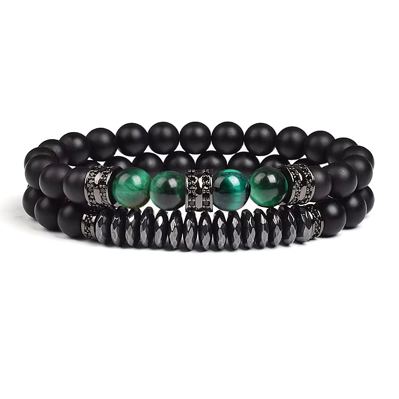 Beaded Bracelet Set Tiger Eye and Black Matte Agate Stretch for Men