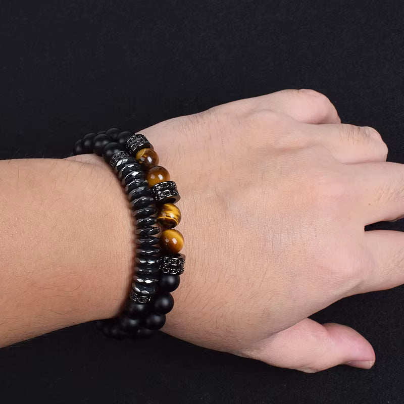 Beaded Bracelet Set Tiger Eye and Black Matte Agate Stretch for Men