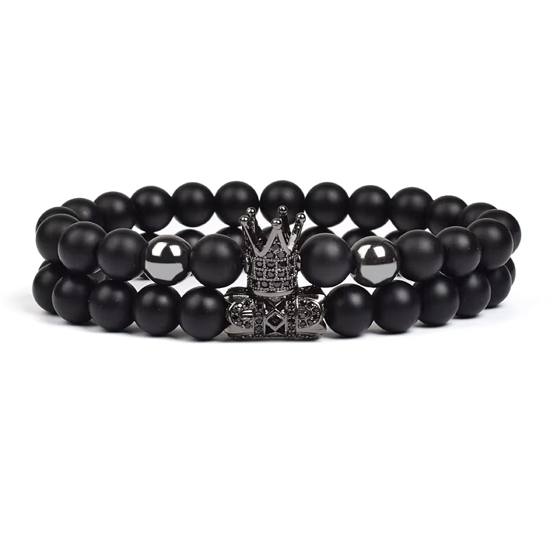 Beaded Bracelet Set Tiger Eye and Black Matte Agate Stretch for Men