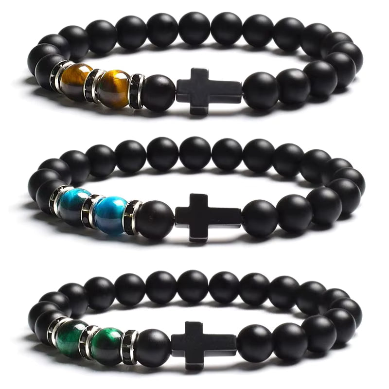 Beaded Bracelet Tiger Eye Black Matte Agate Elastic Unisex Cross