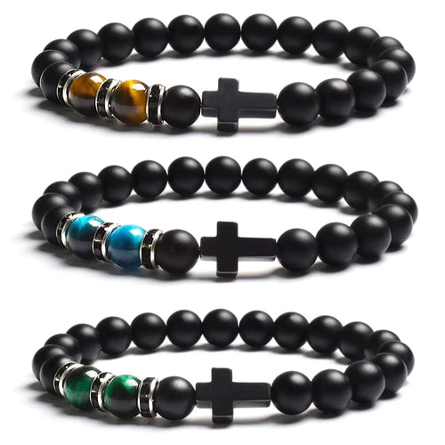 Beaded Bracelet Tiger Eye Black Matte Agate Elastic Unisex Cross