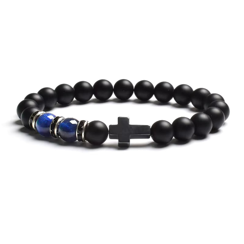 Beaded Bracelet Tiger Eye Black Matte Agate Elastic Unisex Cross