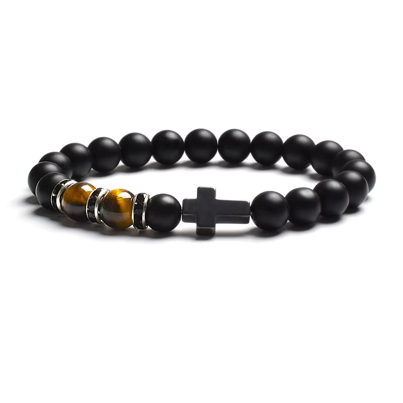 Beaded Bracelet Tiger Eye Black Matte Agate Elastic Unisex Cross