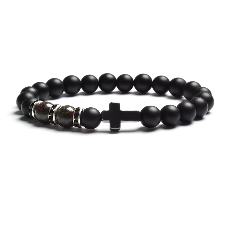 Beaded Bracelet Tiger Eye Black Matte Agate Elastic Unisex Cross