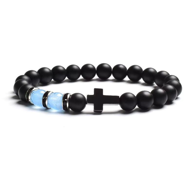 Beaded Bracelet Tiger Eye Black Matte Agate Elastic Unisex Cross