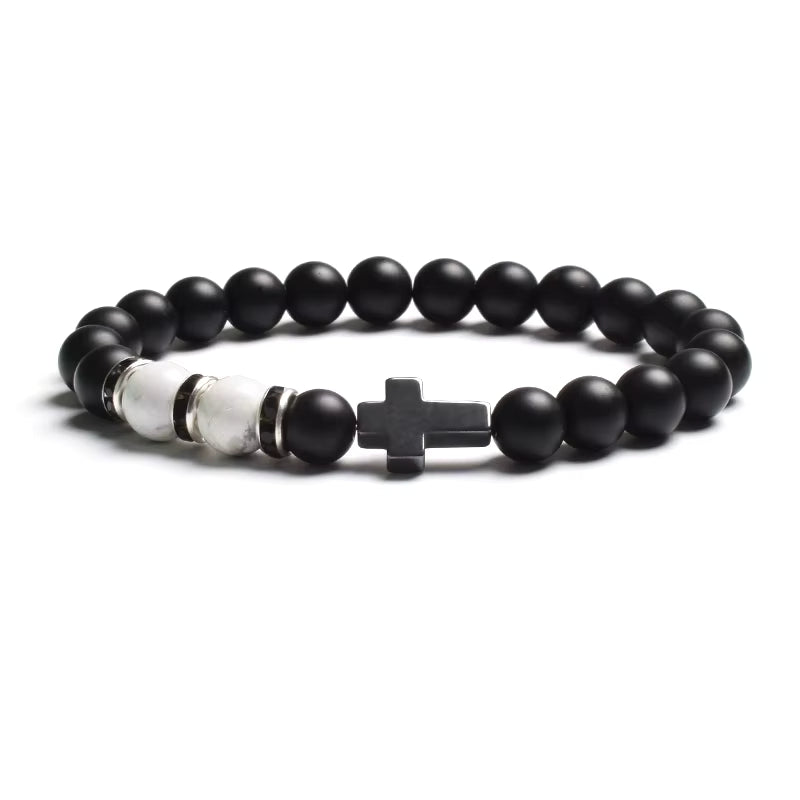 Beaded Bracelet Tiger Eye Black Matte Agate Elastic Unisex Cross