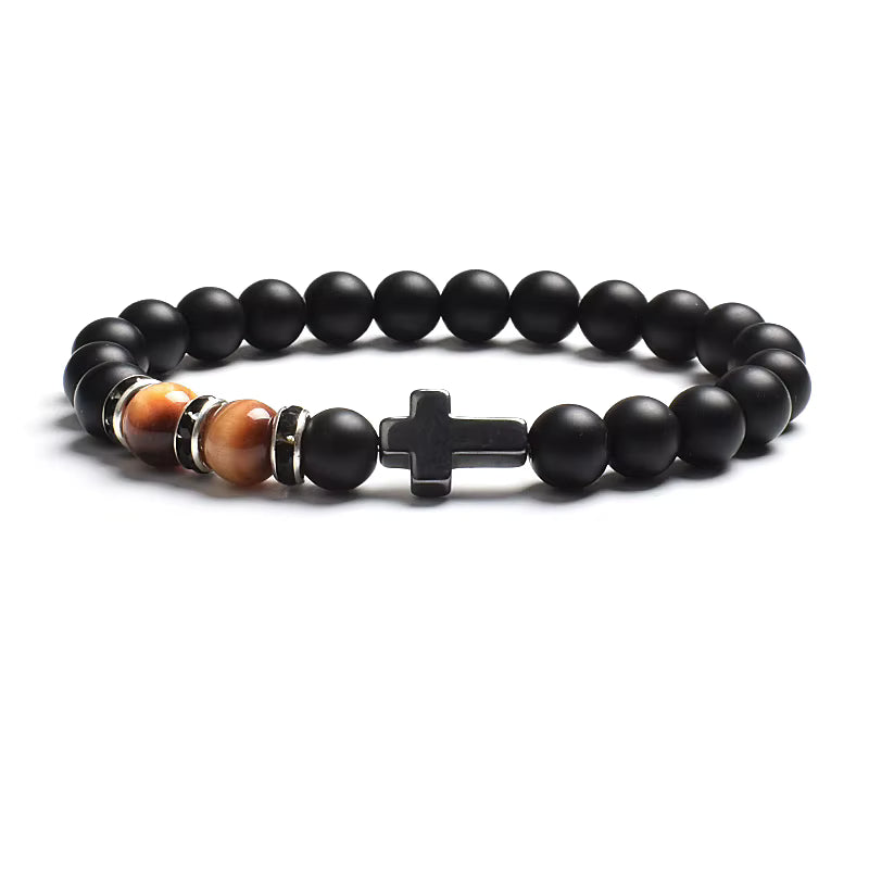 Beaded Bracelet Tiger Eye Black Matte Agate Elastic Unisex Cross